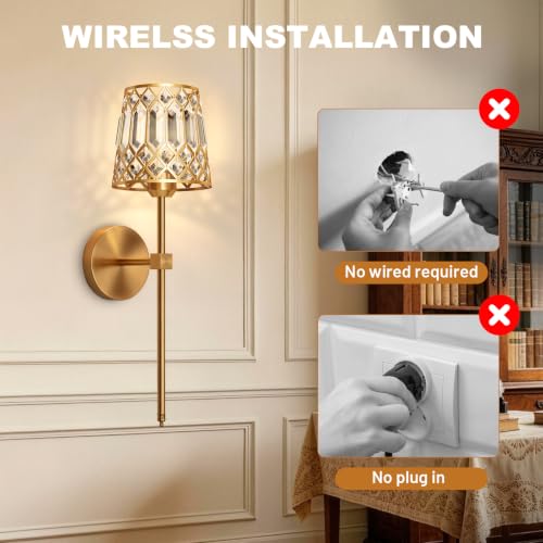 Rayspan Gold Rechargeable Wireless Crystal Wall Sconces Set of 2 with Remote, Dimmable RGB & CCT, Easy Installation