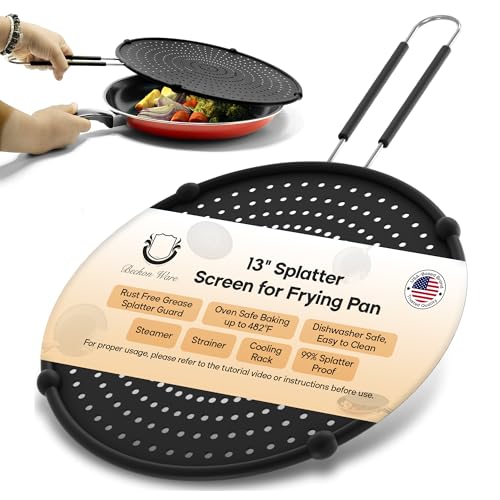 Beckon Ware 13-Inch Silicone Splatter Screen for Frying Pan - Black