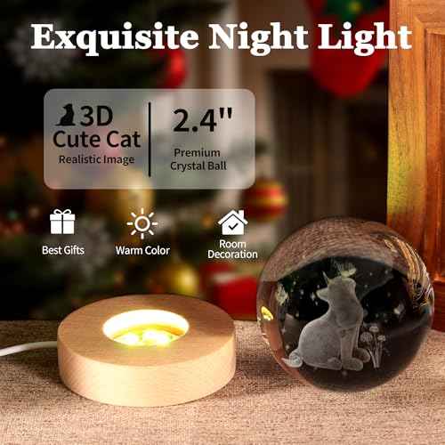 Cat Gifts, 2.4In Cute Crystal Cats Ball Lamp with Wooden Base, Gifts Ideas for Cat Lover, Girlfriend Mom Girl-Christmas, Birthday, Mothers Day, Decor for Home