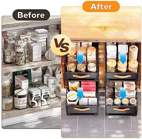 Skiennix Pull-Out Cabinet Organizer - Heavy-Duty Sliding Pantry Shelves with Handle | 11.8"W X 15.7"D X 6.2"H, Black