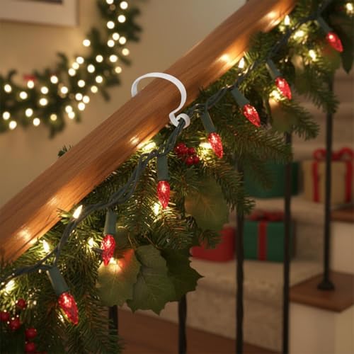 Yalikop 50 Pcs Christmas Banister Light Clips Railing Hook, White,