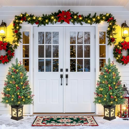2-Pack 3ft Pre-lit Christmas Tree with 78 LED Lights, Red Berry & Pine Cone, Indoor Outdoor