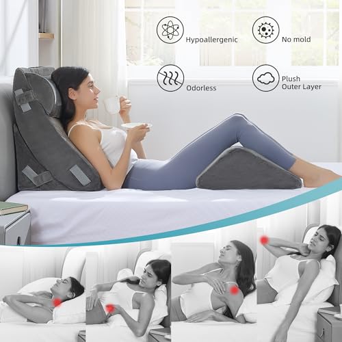 Grey 4-Piece Orthopedic Wedge Pillow Set for Sleeping & Post-Surgery Support
