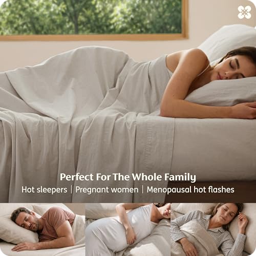 Bedsure Beige King Size Linen Cotton Blend Sheets Set - Natural, Breathable, Deep Pocket