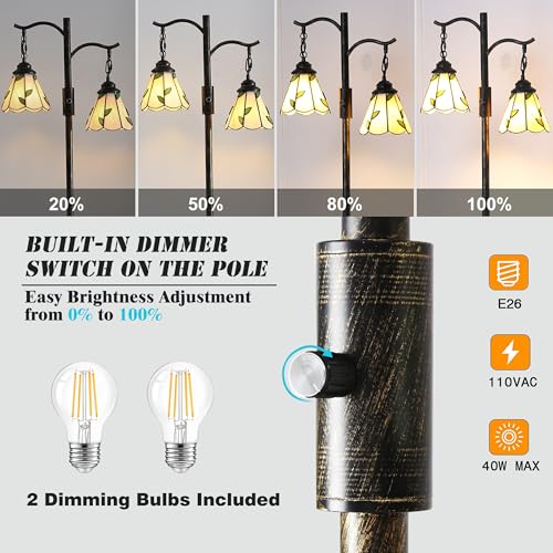 Vintage Dimmable Floor Lamp with 2 Tiffany Shades - 65 inch Bronze Standing Light