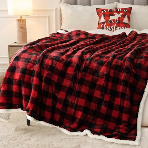 BEAUTEX Christmas Sherpa Fleece Throw Blanket 50x60 Buffalo Plaid, Red