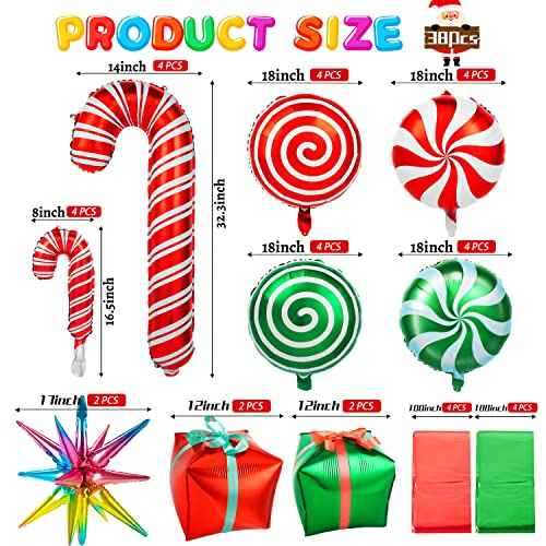 38Pcs Christmas Balloons, Big Red Green Candy Cane Foil Mylar Balloon for Party Decorations