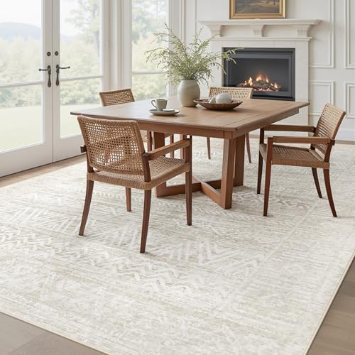 Ivory Beige 8x10 Washable Moroccan Boho Rug with Non-Slip Backing