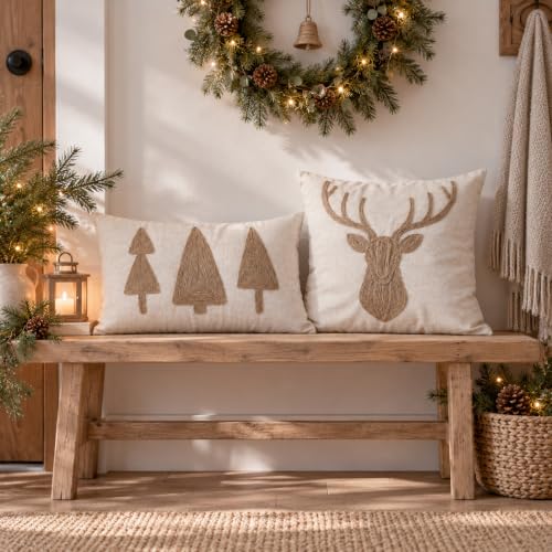 VANNCIO 20x12 Inch Jute Embroidered Christmas Tree Lumbar Pillow Cover - Pack of 1