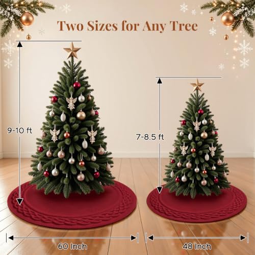 VOXOR Burgundy 60 Inch Knitted Christmas Tree Skirt with Bow Closure - Large Farmhouse Holiday Decor for 9-10 Feet Trees