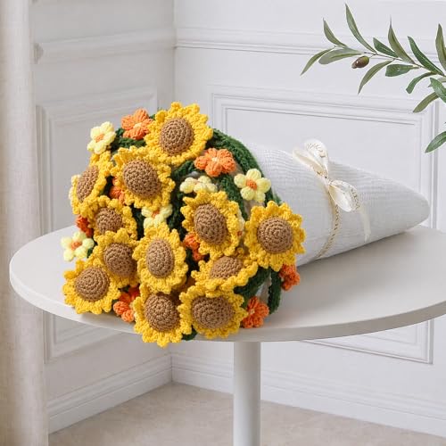 Sunflowers Crochet Blanket - 43 Inch Yellow Sunflower Throw with Floral Bouquet Design