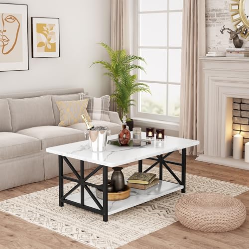AWQM White Faux Marble 2-Tier Coffee Table with Round Corners & Storage Shelf