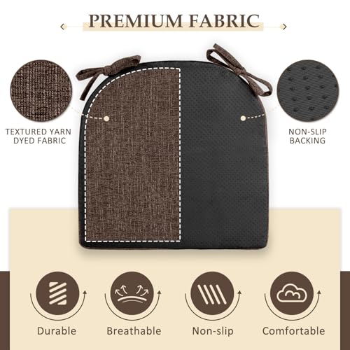 Dining Chair Cushions Set of 6 Brown 16x16x2 Inch Non-Slip Tied Comfort Pads
