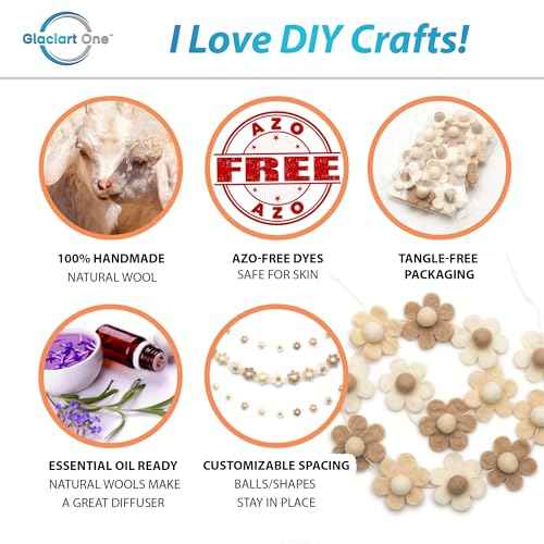 Glaciart One Felt Flower Garland - Fun Party Decorations for Easter, Spring & Birthdays - Home Decor for Living Room, Bedroom, Baby Room - 100% Natural Wool Pom Poms with Cotton String - 5.5 Ft.