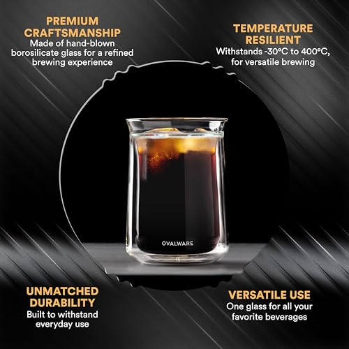 Ovalware 11.8oz Double Wall Insulated Borosilicate Glass Cup Set of 2 – Durable Coffee & Tea Mug