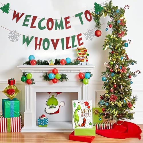 Pre-Strung Welcome To Whoville Banner Christmas Decorations,Cute Banner Sign with 2Pcs Red and Green Hanging Streamers for Christmas Party Decorations Xmas Fireplace Mantle Home Indoor Party Decor