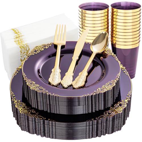 Purple Plastic Dinnerware Set for 25 Guests - 175 Pcs Clear & Gilded