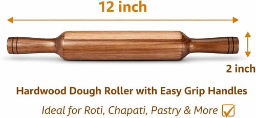 Hardwood Rolling Pin 12 Inch - Wooden Dough Roller with Easy Grip Handles | Ideal for Roti, Chapati, Pastry & Pizza