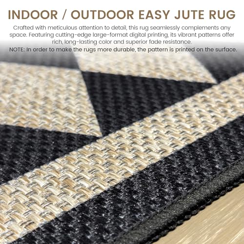 5' x 7' Checkered Jute-Style Indoor Outdoor Rug - Black, Washable, Lightweight