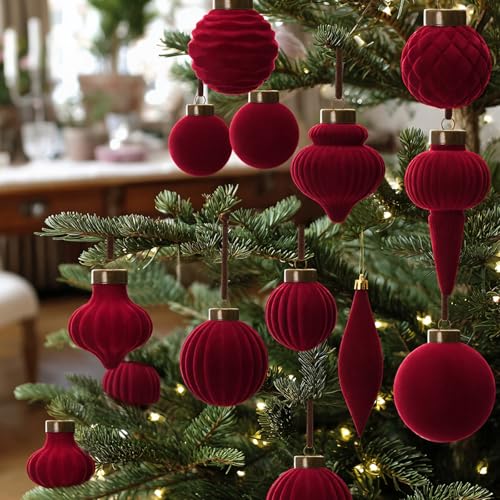 Menkxi 36 Pcs Burgundy Velvet Christmas Ball Ornaments Flocked Finial
