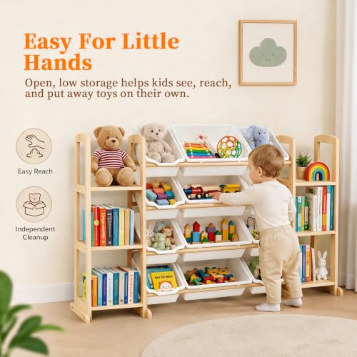Etitlly Toy Storage Organizer with Bookshelf - W52.3'' 12 Bins & 6 Shelves, White Kids Toy & Book Organizer