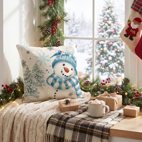 AVOIN Colorlife Blue 18x18 Winter Snowman Snowflake Throw Pillow Cover - Holiday Sofa Cushion Case