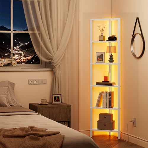TUTOTAK White 6-Tier Corner Bookshelf with LED Light - Space-Saving Storage