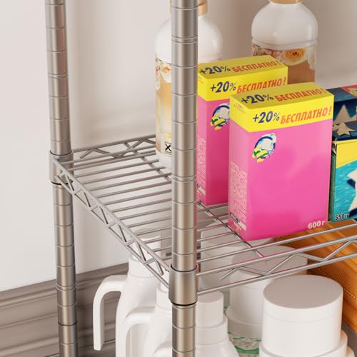 Grey 5-Tier Metal Wire Closet Shelf with Wheels, Adjustable & Rustproof - 14"D x 24"W x 61"H
