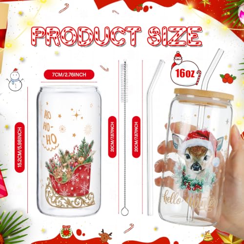 Vesici 6-Set Vintage Can Shaped 16 oz Christmas Glasses with Lids, Straws, Bow & Cards – Retro Gift Pack