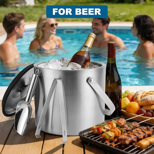 Berverra 5L Stainless Steel Insulated Ice Bucket with Lid, Scoop & Tongs for Parties & Outdoor Use