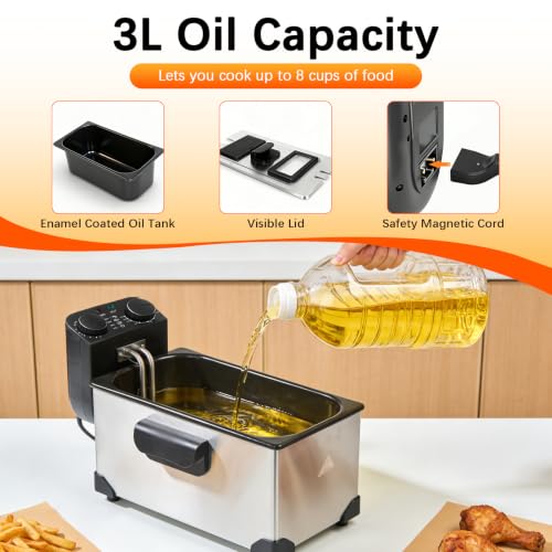 CATTLEMAN Deep Fryer with Oil Filtration 1600W 3L Stainless Steel - Home Kitchen