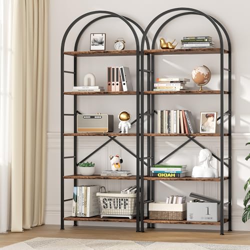 Shintenchi Rustic Brown 5-Tier Arched Bookshelf - Tall Metal & Wood Bookcase