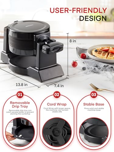 FOHERE Black Double Belgian Waffle Maker 180° Flip, 8 Slices, 1400W