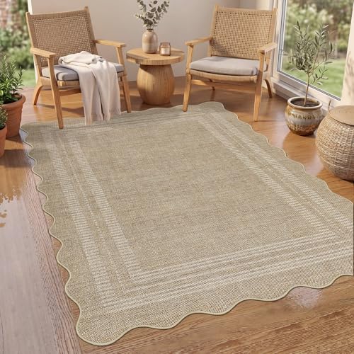 GarveeHome 6'x9' Tan Scalloped Area Rug - Washable Non-Slip Low Pile Jute Style
