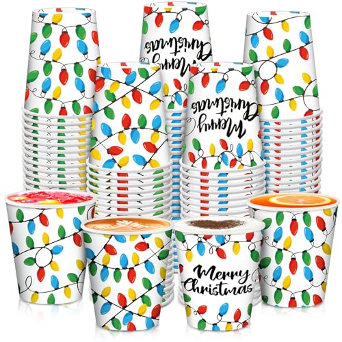 Funtery 100 Pcs Christmas Paper Cups with Lights - Disposable 9oz