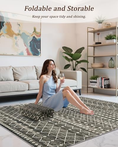 8x10 Black Area Rug - Washable Non-Slip Moroccan Style Living Room Rug