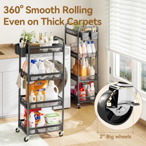 YASONIC 4-Tier Rolling Storage Cart with Wheels - Black Metal Utility Cart