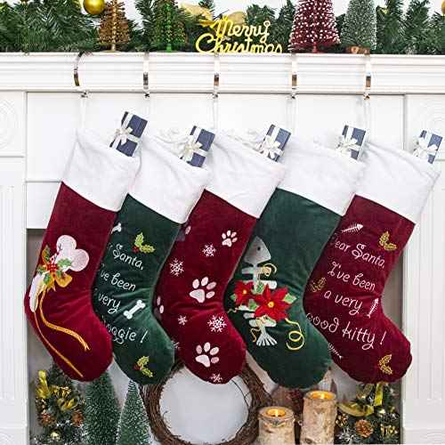 GEX Christmas Stockings for Dog Cat Pet 22" Large Quilted Lining Embroidery Luxury Lovely Velvet Hanging Ornament Decorations for Xmas Season (Burgundy)