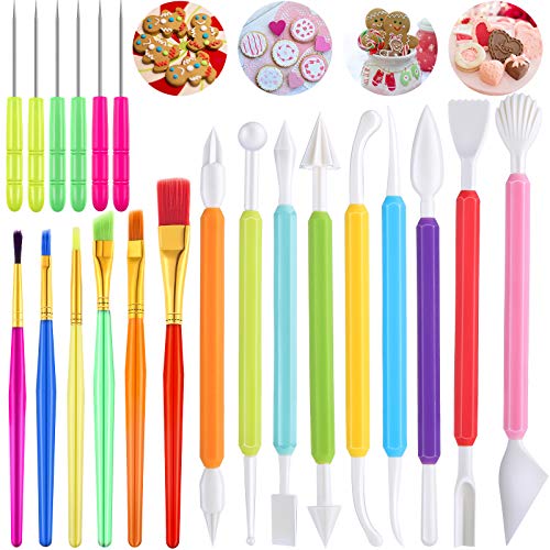 21 Pieces Cookie Decorating Tools Set Include Cake Decoration Brushes Sugar Stir Needle Christmas Cookie Scriber Needles and Fondant Cake Decorating Sculpting Modeling Tools for Fondant