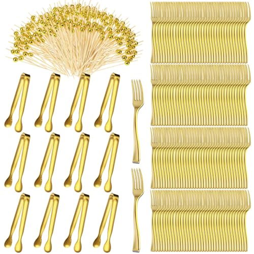 Therwen 462 Pcs Gold Serving Utensil Set – Gold Buffet Tongs, Toothpicks & Appetizer Forks