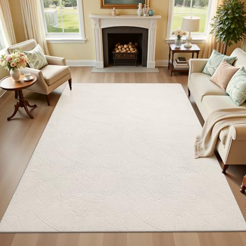 Washable Area Rug 6x9 ft - Beige Tropical Banana Leaf Pattern, Non Slip, Low Pile Home Decor