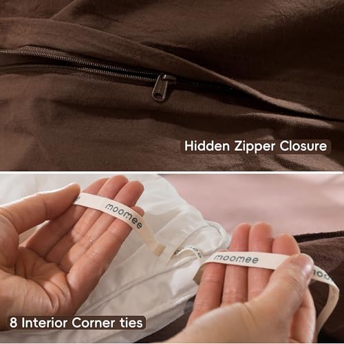 MooMee Duvet Cover Set Queen - 100% Washed Cotton Linen Look Cocoa Brown Variation