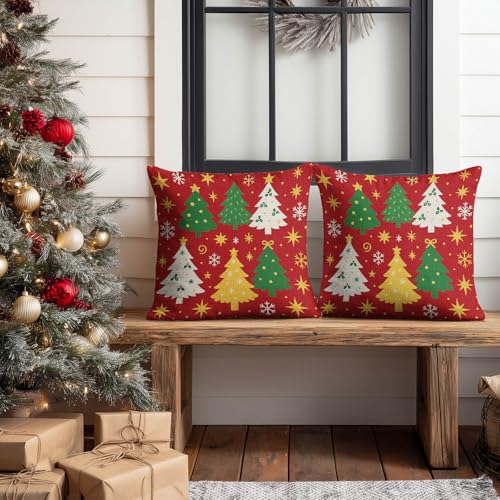 HOMETITUTE Christmas Throw Pillow Covers Set of 2 - Festive 18x18 inches, Tree & Star Pattern, Holiday Home Decor #008