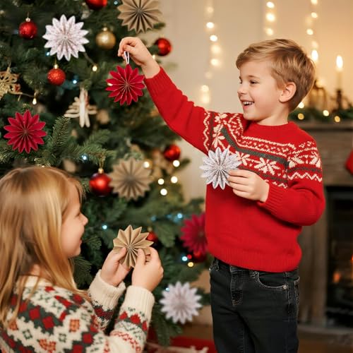 Balun Admhail 9Pcs Red White Brown Snowflake Paper Ornaments – Christmas Hanging Fans (Variation: Red and White)