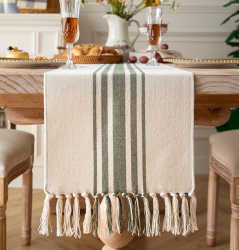 Caflife Green Beige Boho Table Runner 13x90 Inch with Handcrafted Tassels, Farmhouse Decor