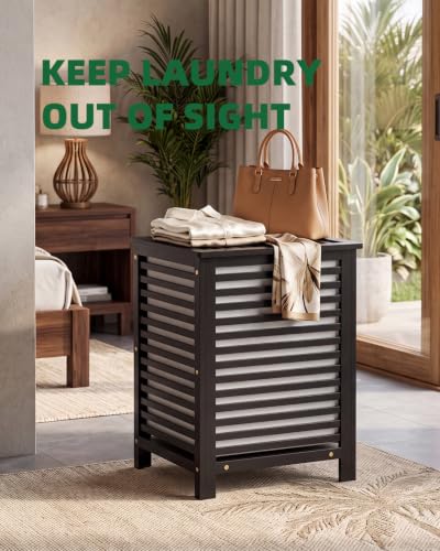 Black Double Laundry Hamper with Lid & Removable Liners, 120L Bamboo Storage Basket