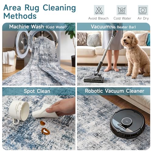 5x10 Blue Non-Slip Washable Hallway Runner Rug - Soft Low-Pile Area Rug