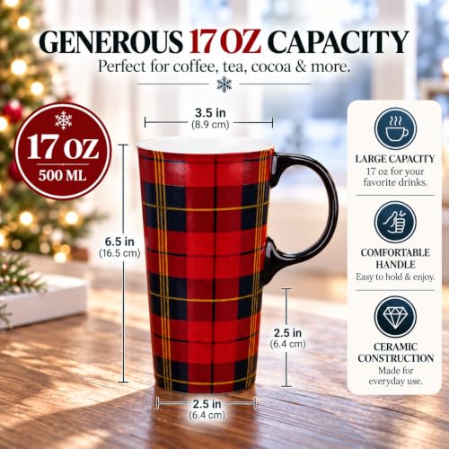 Topadorn 17oz Ceramic Travel Mug with Red Tartan Plaid Lid - Gift Box