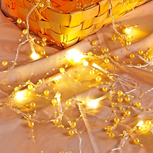 Very100 Gold 8.3FT Christmas Garland with Lights, Beaded Holiday Decor for Fireplace & Mantel
