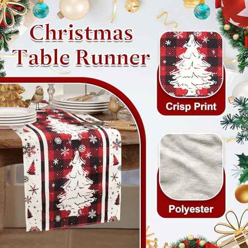 Buffalo Plaid Christmas Tree Christmas Table Runner, Red Winter Holiday Kitchen Dining Christmas Table Decoration for Indoor Outdoor Home Party Decor 13x72 Inch (Christmas Tree)